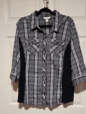 CJ Banks Navy and White Plaid Shirt with Collar